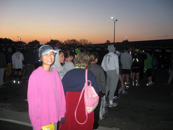 In line for the porta potty at sunrise.